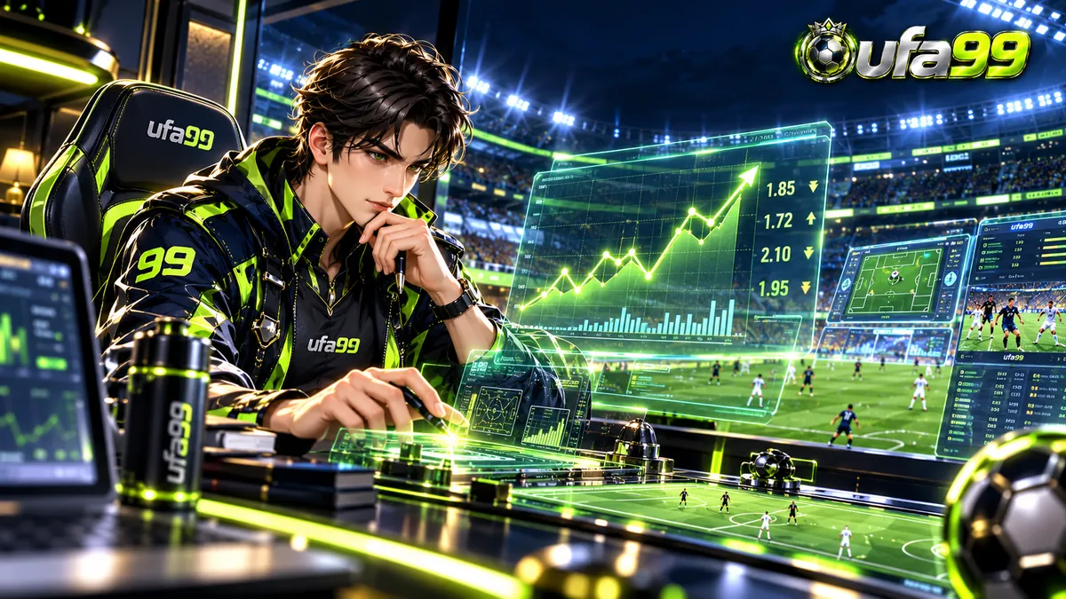 นักวิเคราะห์ ufa99 กำลังดูกราฟราคาบอลไหลแบบโฮโลแกรมเหนือสนามฟุตบอล